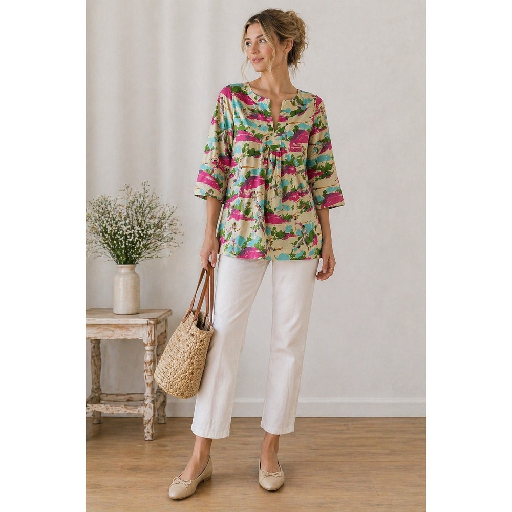 Frances Valentine Womens Blouse Tunic S Oyster Multi Easy‎ Top Game Set Match
